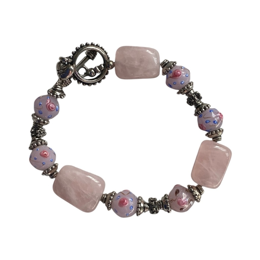 Vintage Chunky Rose Quartz Floral Toggle Bracelet